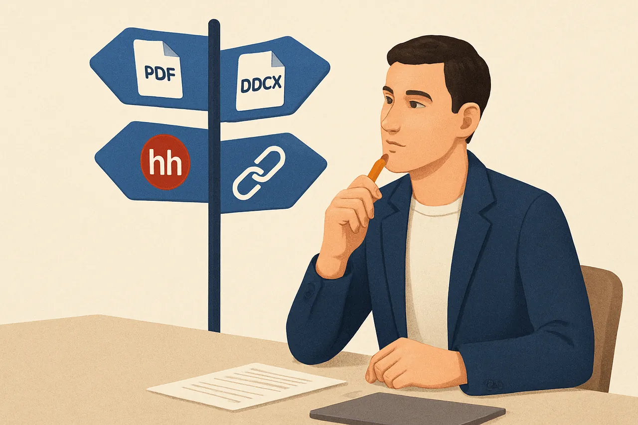 Формат резюме: PDF, DOCX, HH.ru или ссылка работодателю